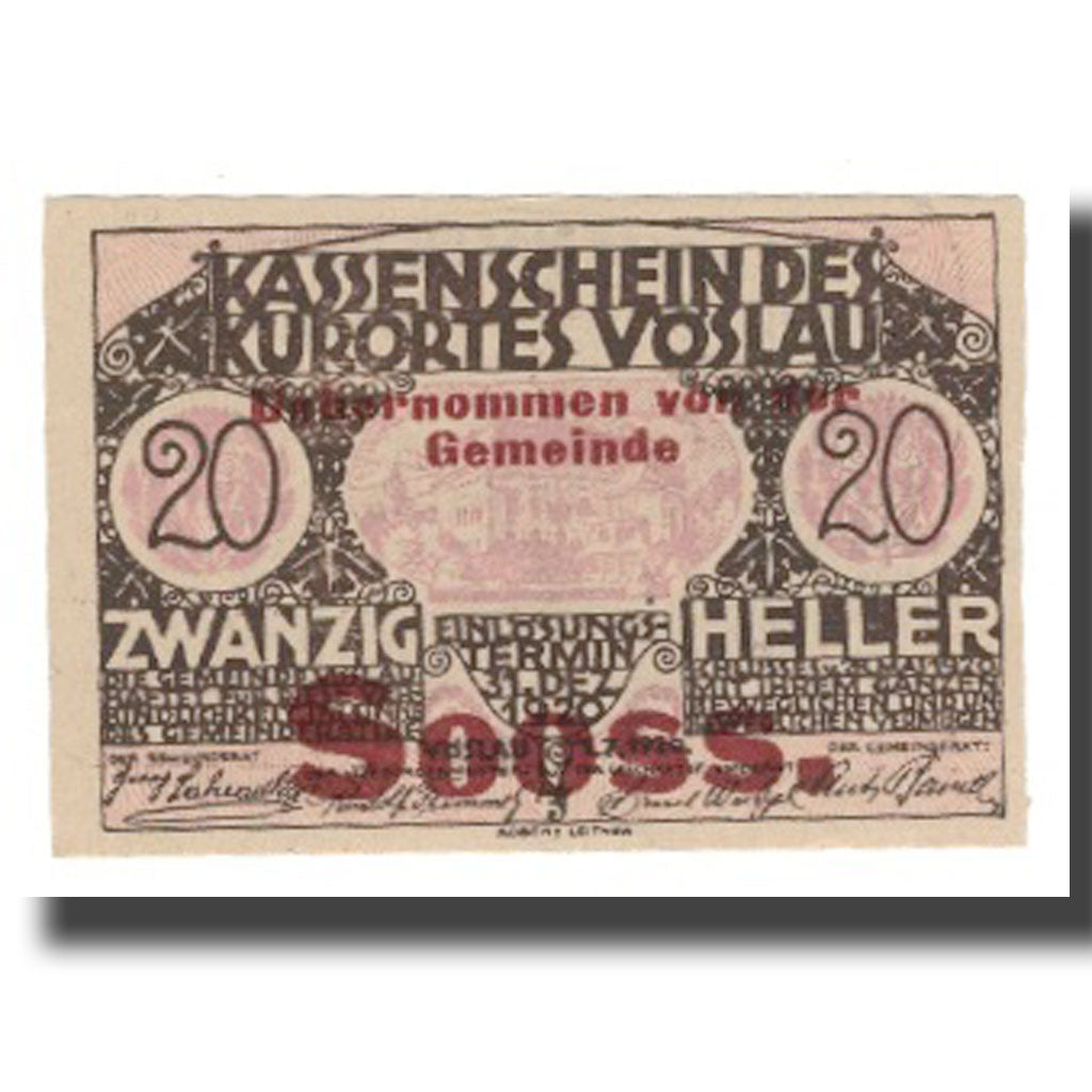 Banknote, Austria, Vöslau N.Ö. Gemeinde, 20 Heller, Blason 8, 1920
