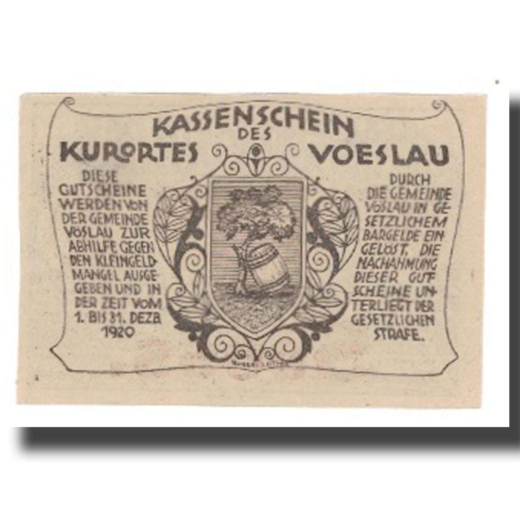 Banknote, Austria, Vöslau N.Ö. Gemeinde, 20 Heller, Blason 8, 1920