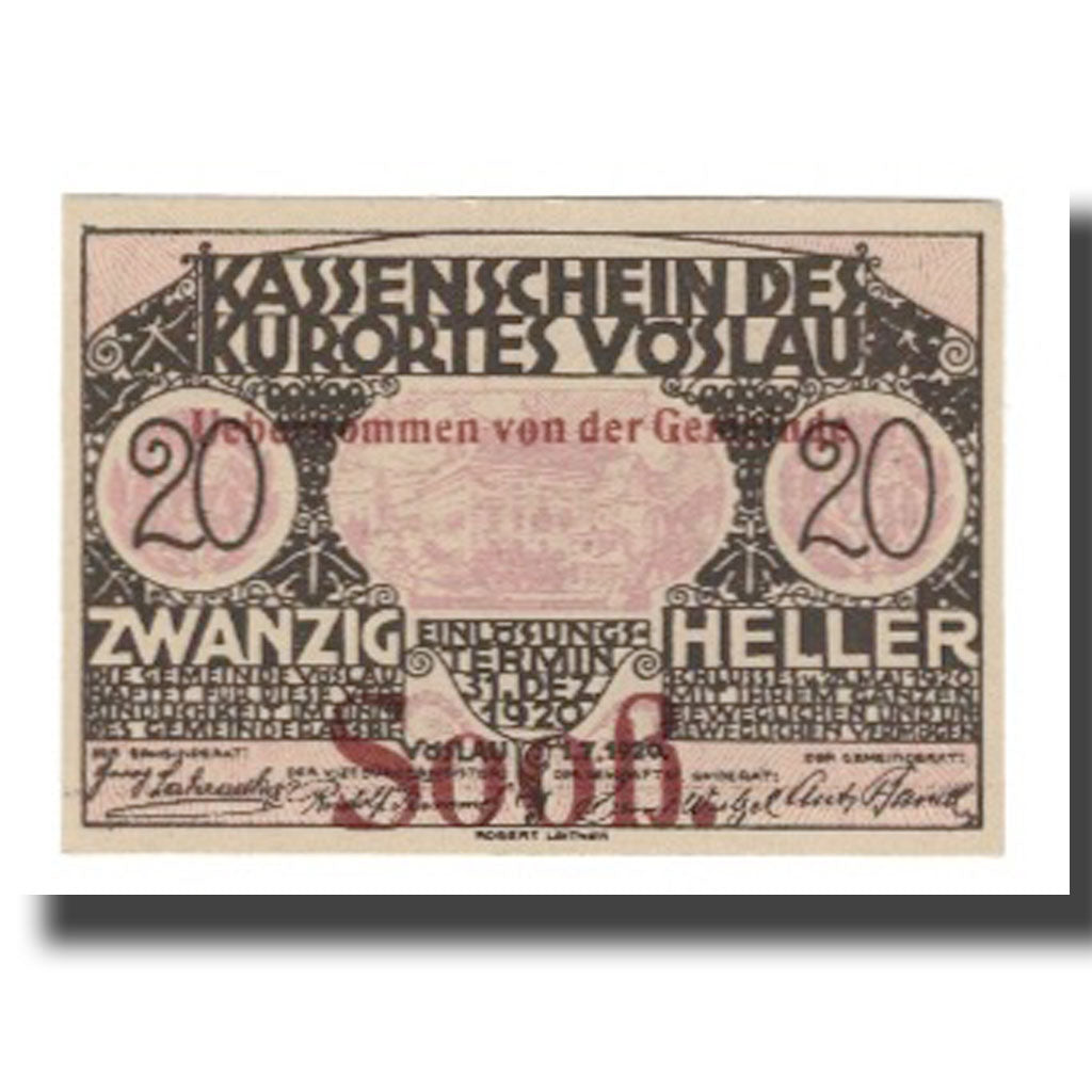 Banknote, Austria, Vöslau N.Ö. Gemeinde, 20 Heller, Blason 9, 1920