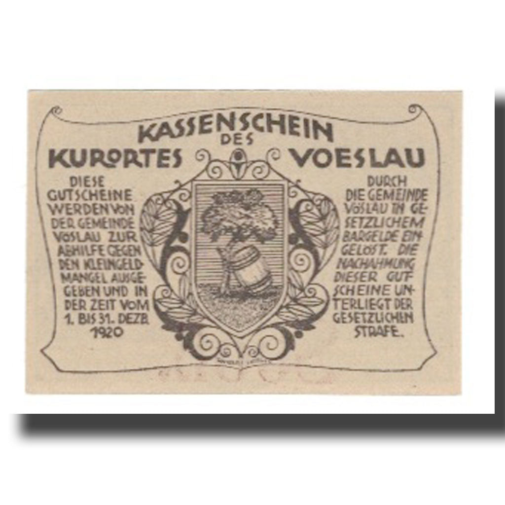 Banknote, Austria, Vöslau N.Ö. Gemeinde, 20 Heller, Blason 9, 1920