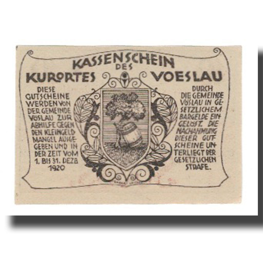 Banknote, Austria, Vöslau N.Ö. Gemeinde, 10 Heller, Blason 10, 1920
