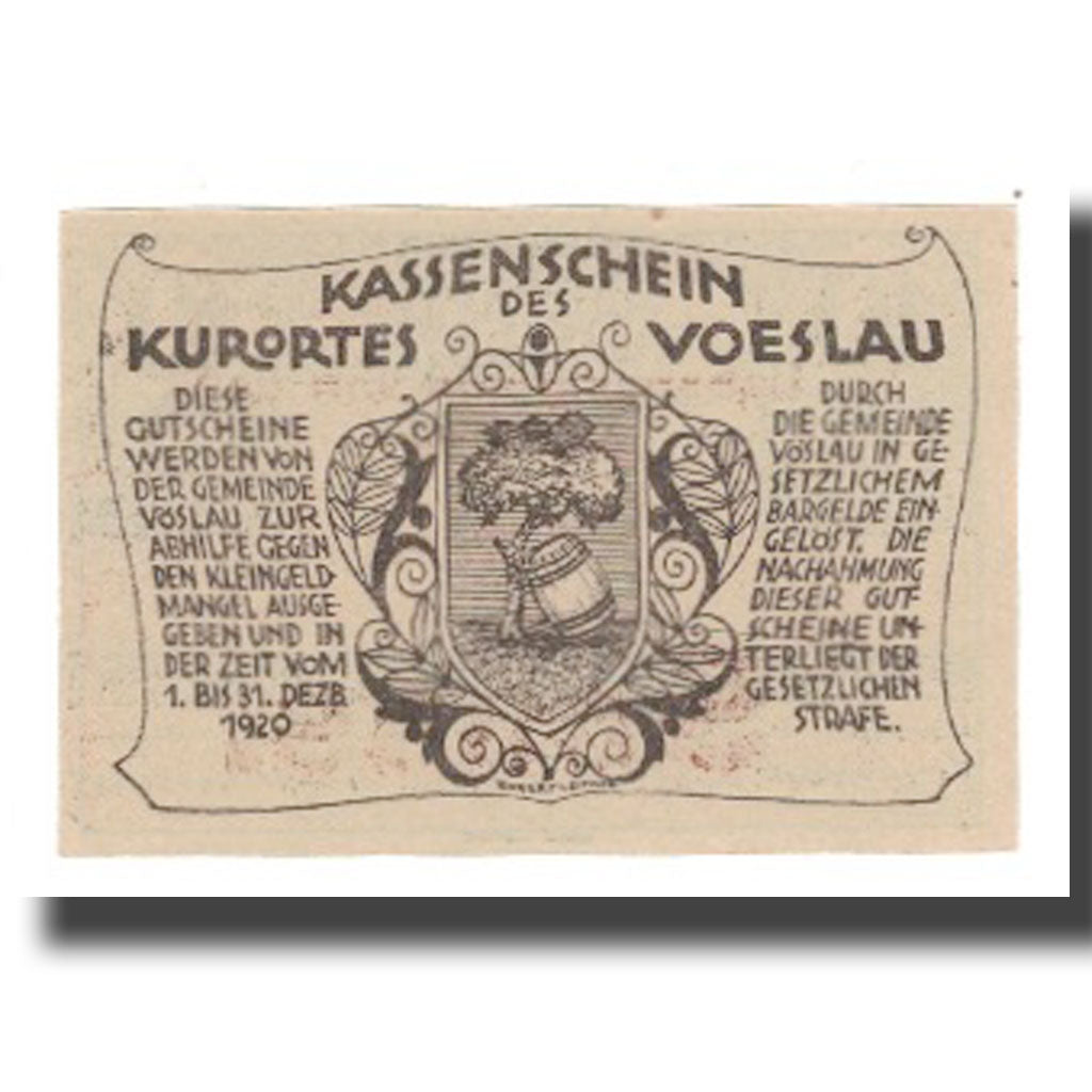 Banknote, Austria, Vöslau N.Ö. Gemeinde, 10 Heller, Blason 11, 1920