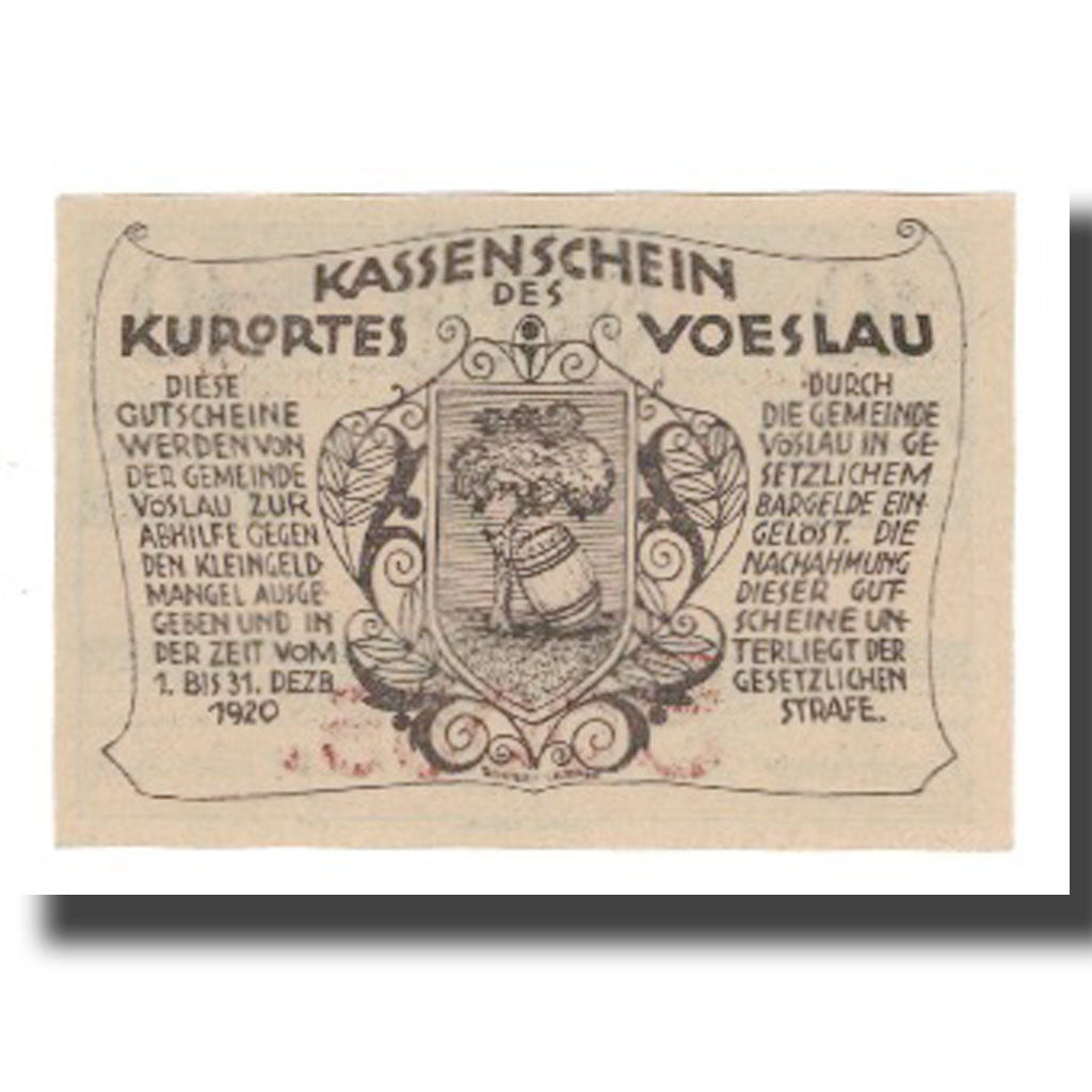 Banknote, Austria, Vöslau N.Ö. Gemeinde, 10 Heller, Blason 12, 1920