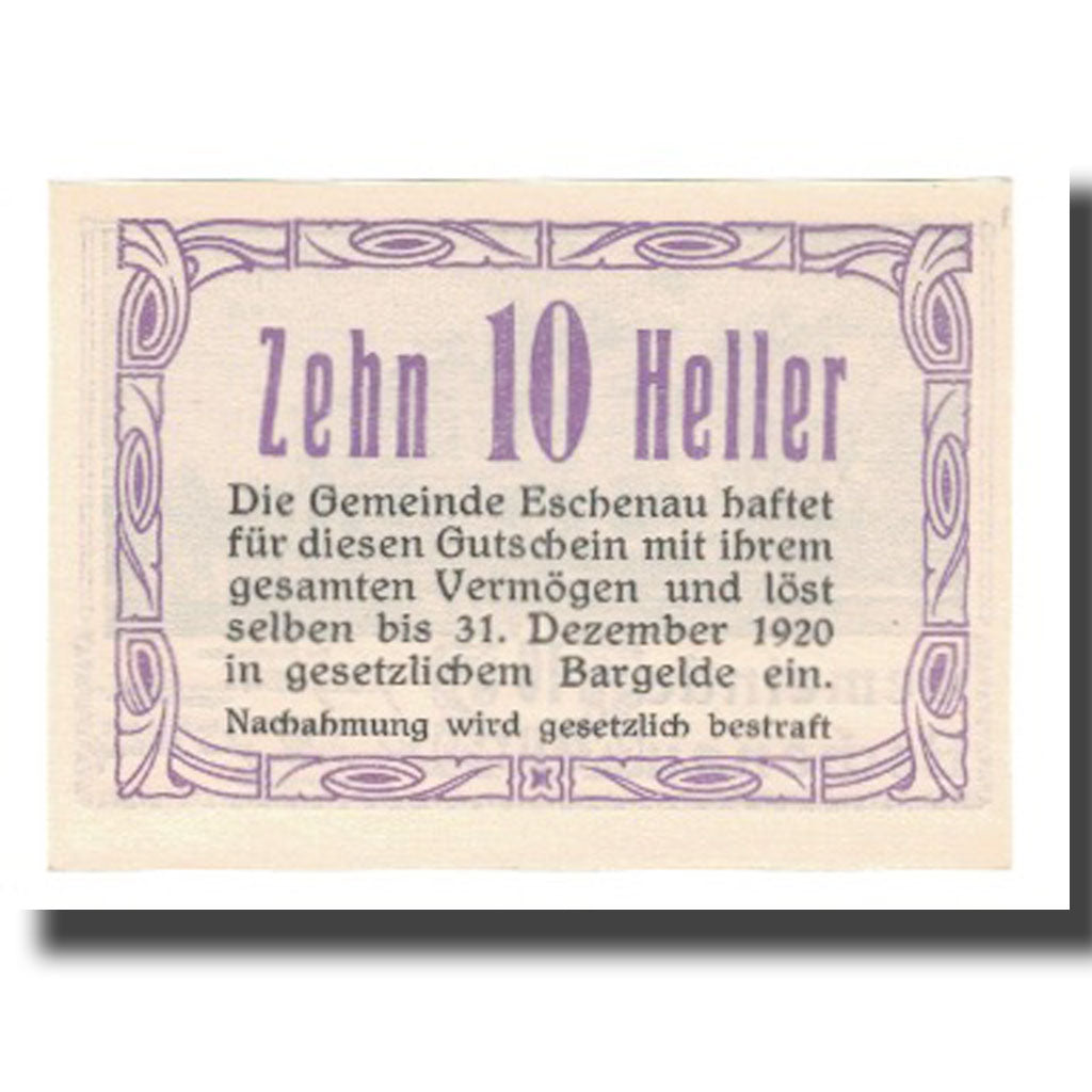 Banknote, Austria, Eschenau N.Ö. Gemeinde, 10 Heller, texte 1, 1920