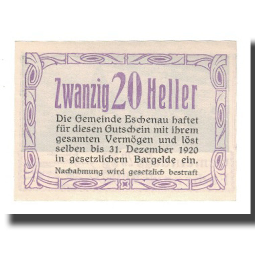 Banknote, Austria, Eschenau N.Ö. Gemeinde, 20 Heller, Texte 2, 1920