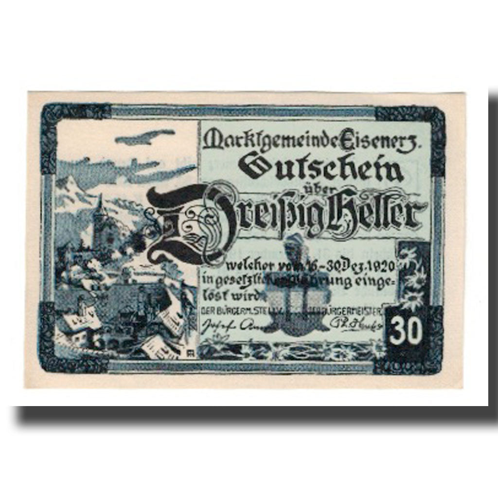 Nota, Áustria, Eisenerz Stm. Marktgemeinde, 30 Heller, Texte, 1920, 1920-12-31