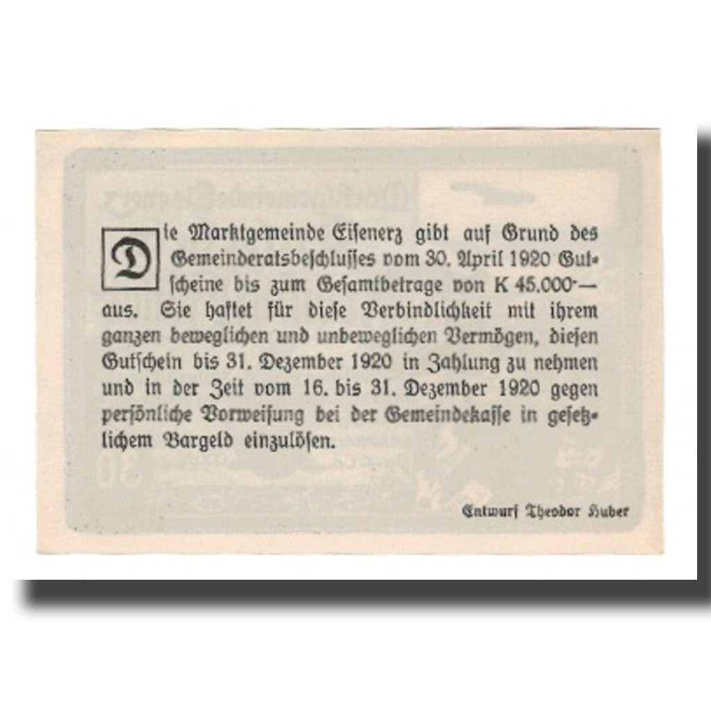Nota, Áustria, Eisenerz Stm. Marktgemeinde, 30 Heller, Texte, 1920, 1920-12-31