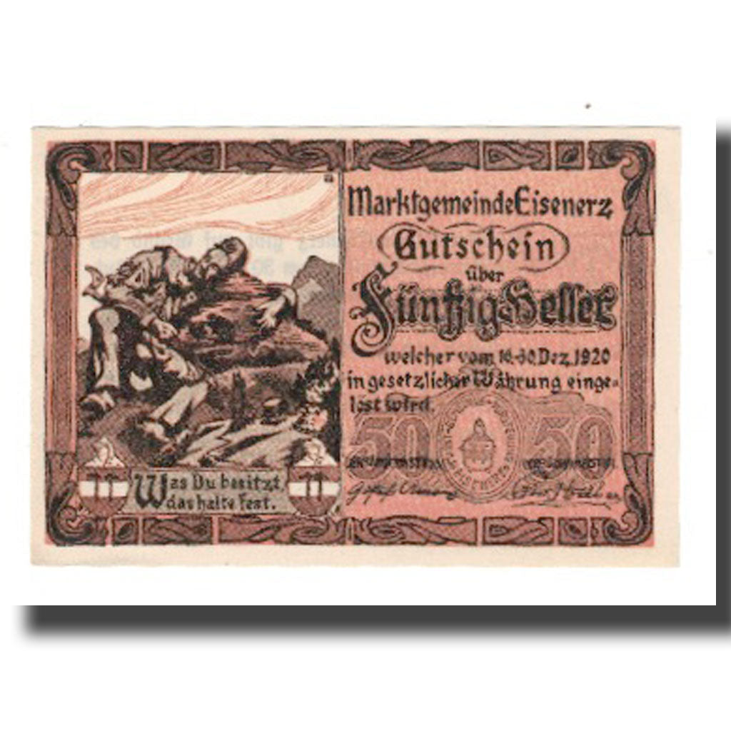 Banconote, Austria, Eisenerz Stm. Marktgemeinde, 50 Heller, texte 1, 1920