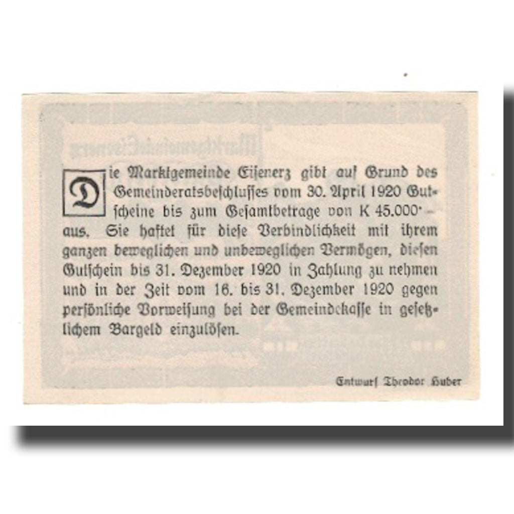 Banconote, Austria, Eisenerz Stm. Marktgemeinde, 50 Heller, texte 1, 1920