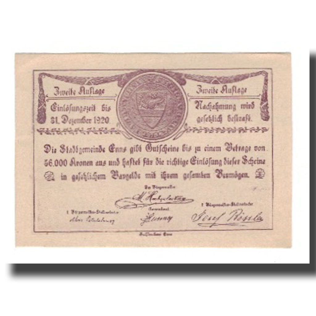 Billete, Austria, Enns O.Ö. Stadtgemeinde, 10 Heller, Blason, 1920, 1920-12-31