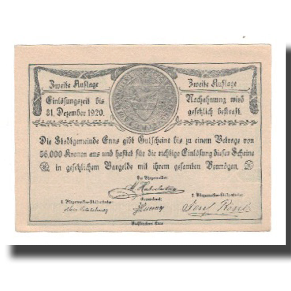 Billete, Austria, Enns O.Ö. Stadtgemeinde, 20 Heller, Blason 1, 1920