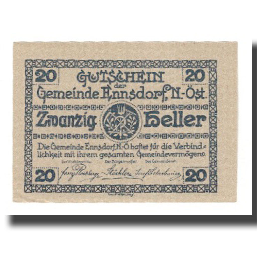 Billete, Austria, Ennsdorf N.Ö. Gemeinde, 20 Heller, rue 1, 1920, 1920-12-31