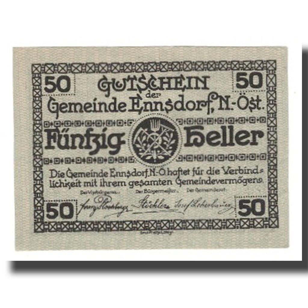 Billete, Austria, Ennsdorf N.Ö. Gemeinde, 50 Heller, paysage, 1920, 1920-12-31