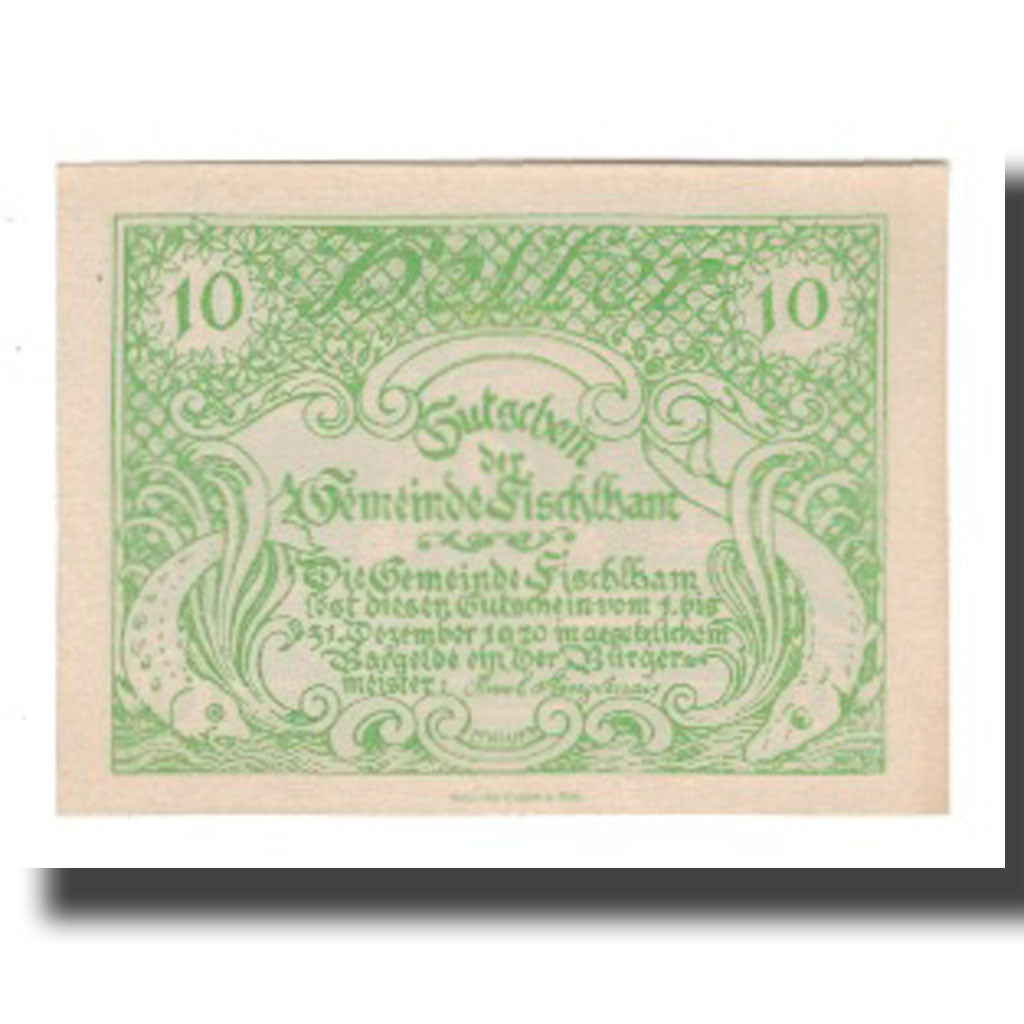 Nota, Áustria, Fischlham O.Ö. Gemeinde, 10 Heller, paysage, 1920, 1920-12-31