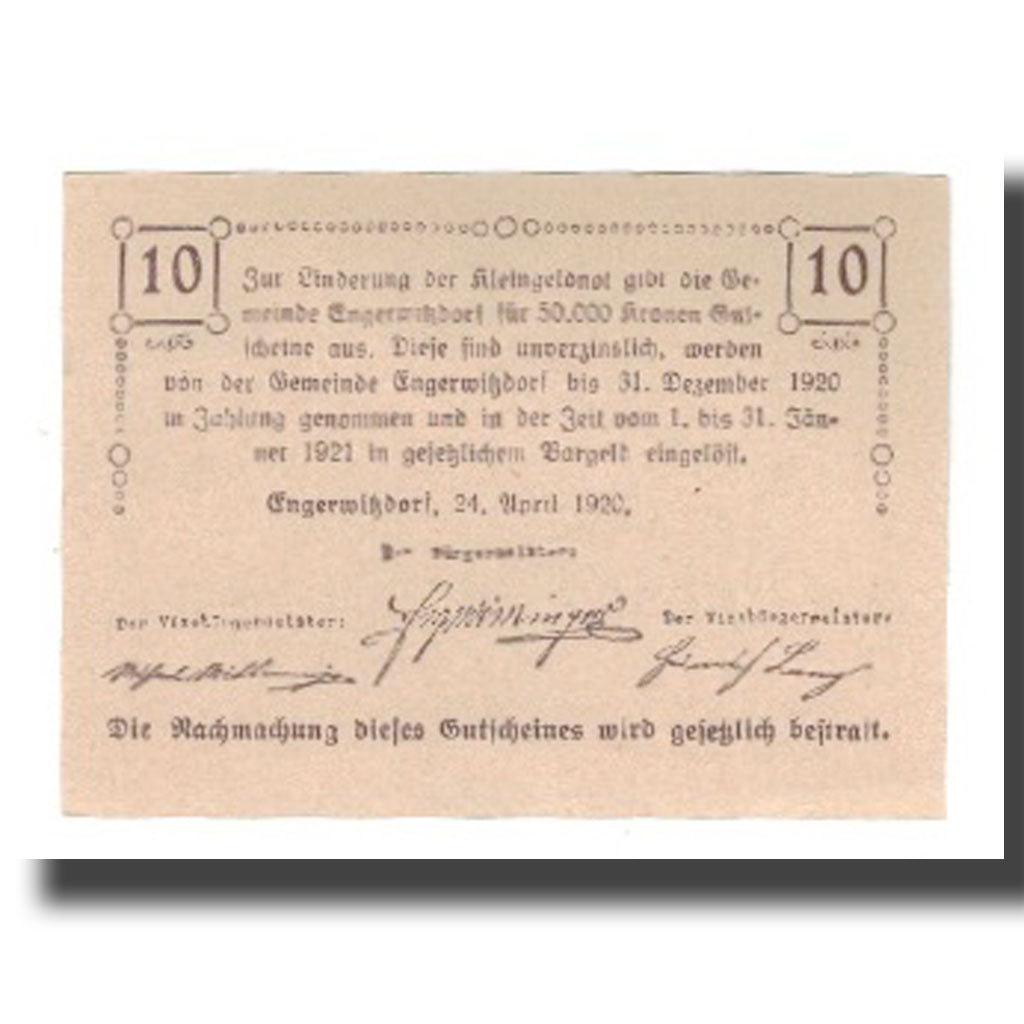 Banconote, Austria, Engerwitzdorf O.Ö. Gemeinde, 10 Heller, Texte, 1920