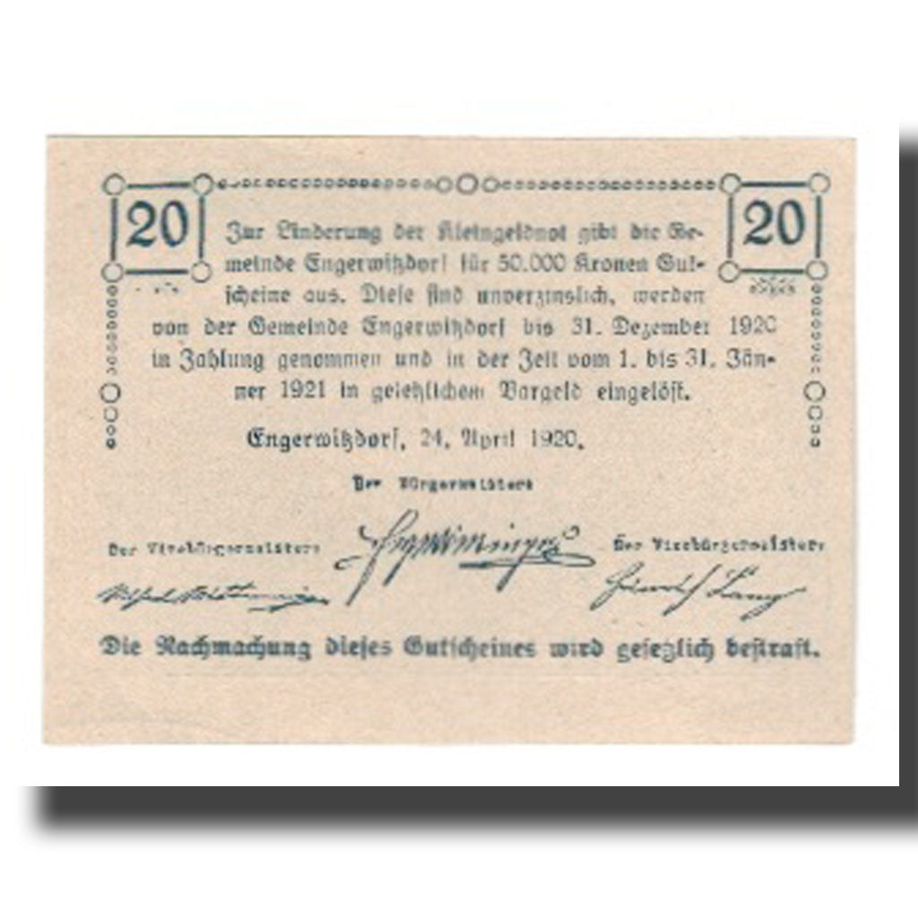 Billete, Austria, Engerwitzdorf O.Ö. Gemeinde, 20 Heller, texte 1, 1920