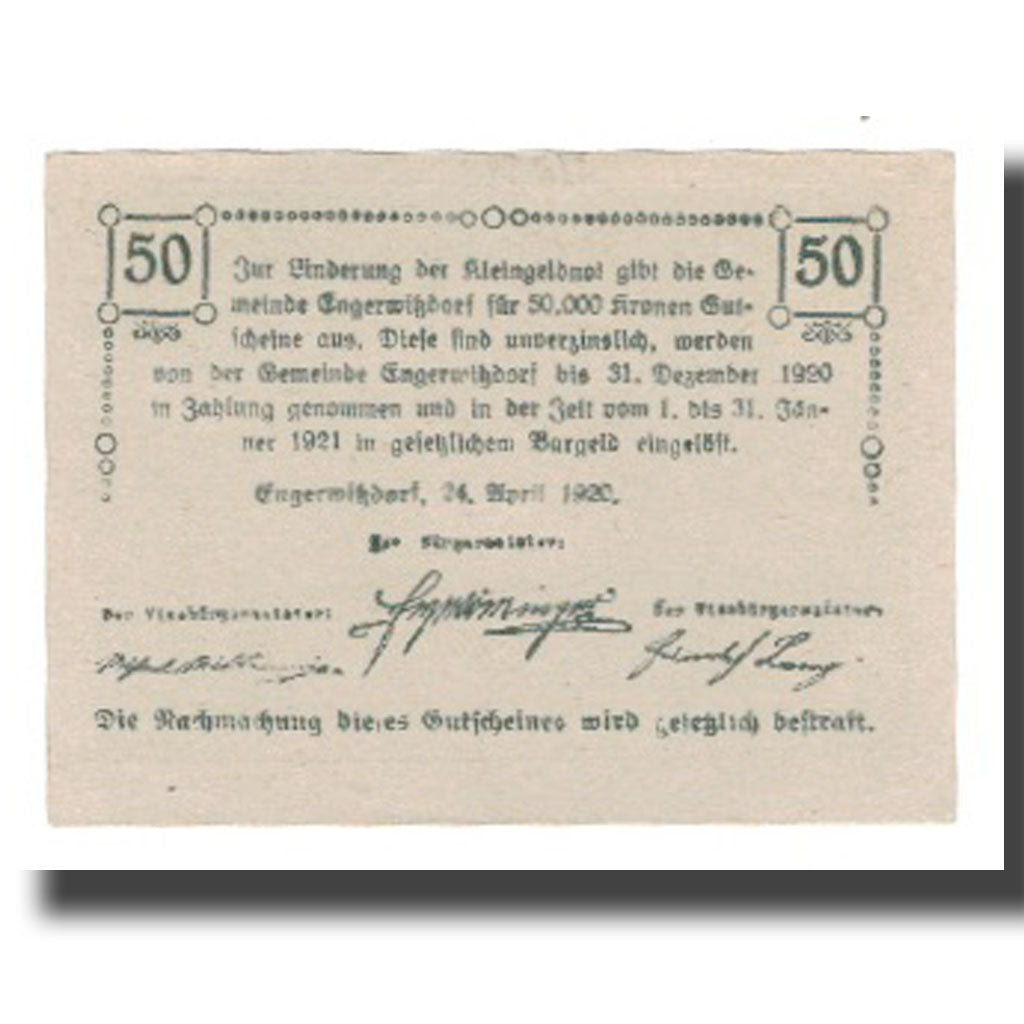 Billete, Austria, Engerwitzdorf O.Ö. Gemeinde, 50 Heller, Texte 2, 1920