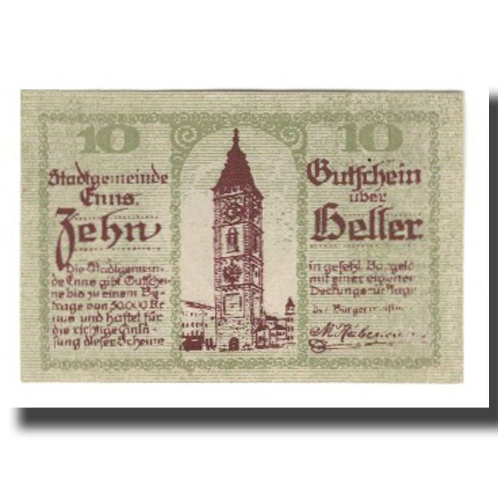 Banknote, Austria, Enns O.Ö. Stadtgemeinde, 10 Heller, Blason, 1920