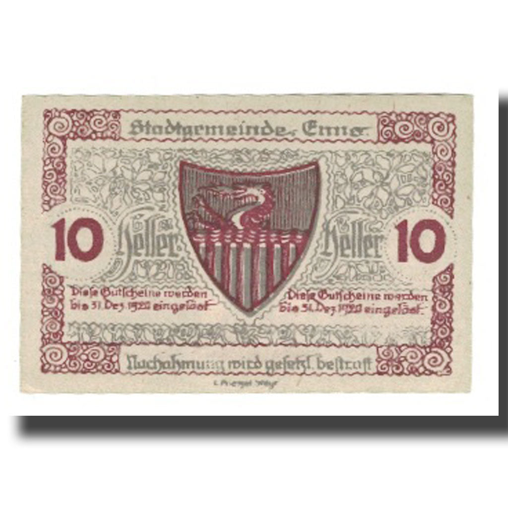 Banknote, Austria, Enns O.Ö. Stadtgemeinde, 10 Heller, Blason, 1920