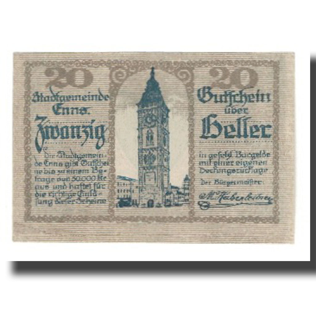 Banknote, Austria, Enns O.Ö. Stadtgemeinde, 20 Heller, Blason 1, 1920