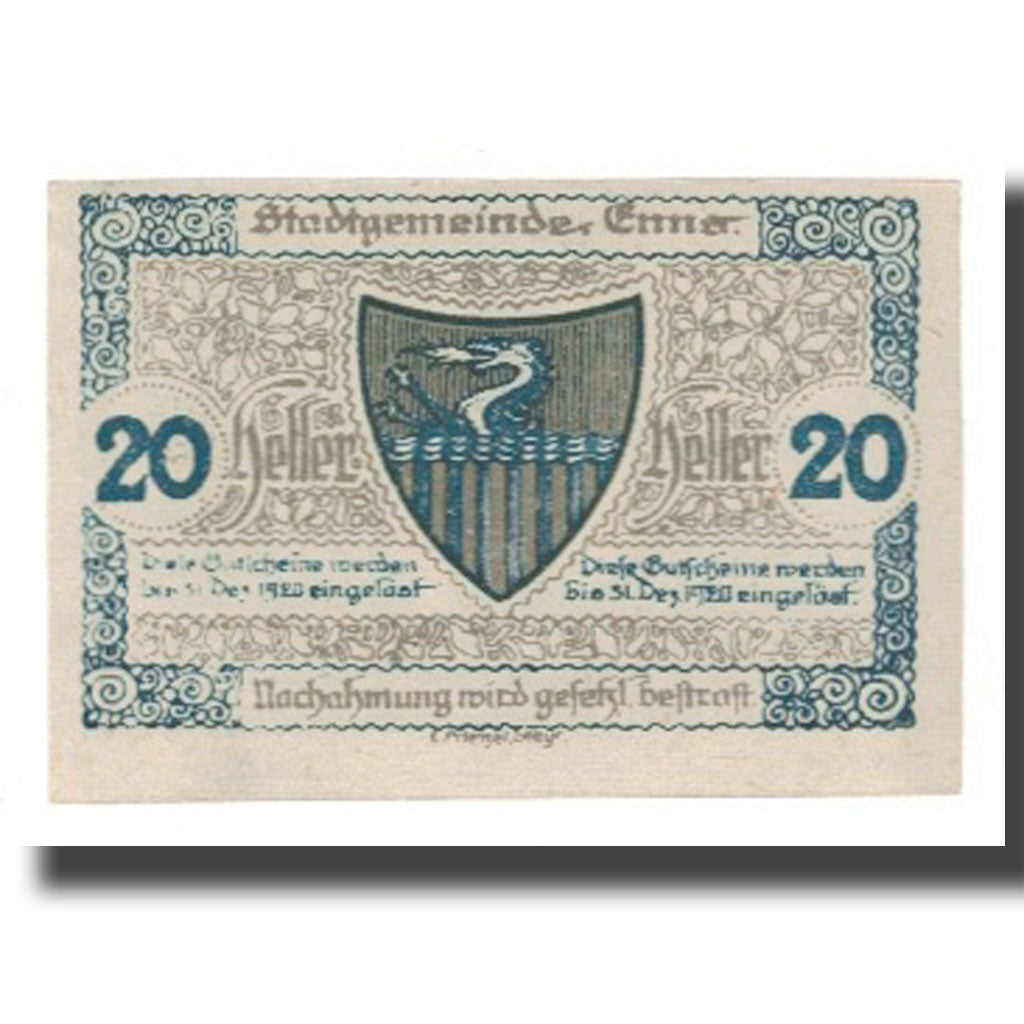 Banknote, Austria, Enns O.Ö. Stadtgemeinde, 20 Heller, Blason 1, 1920