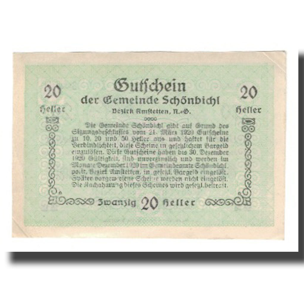 Banconote, Austria, Schönbichl N.Ö. Gemeinde, 20 Heller, Texte, 1920