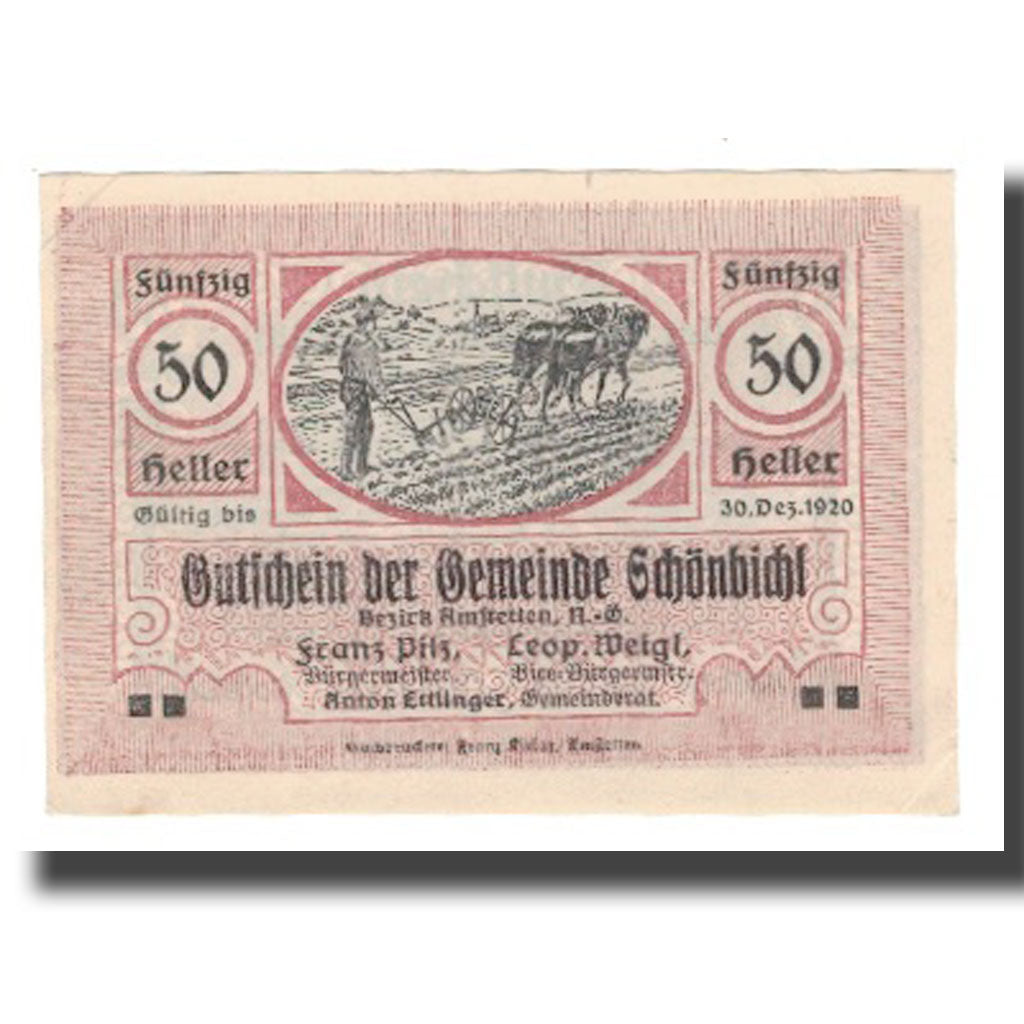 Nota, Áustria, Schönbichl N.Ö. Gemeinde, 50 Heller, texte 1, 1920