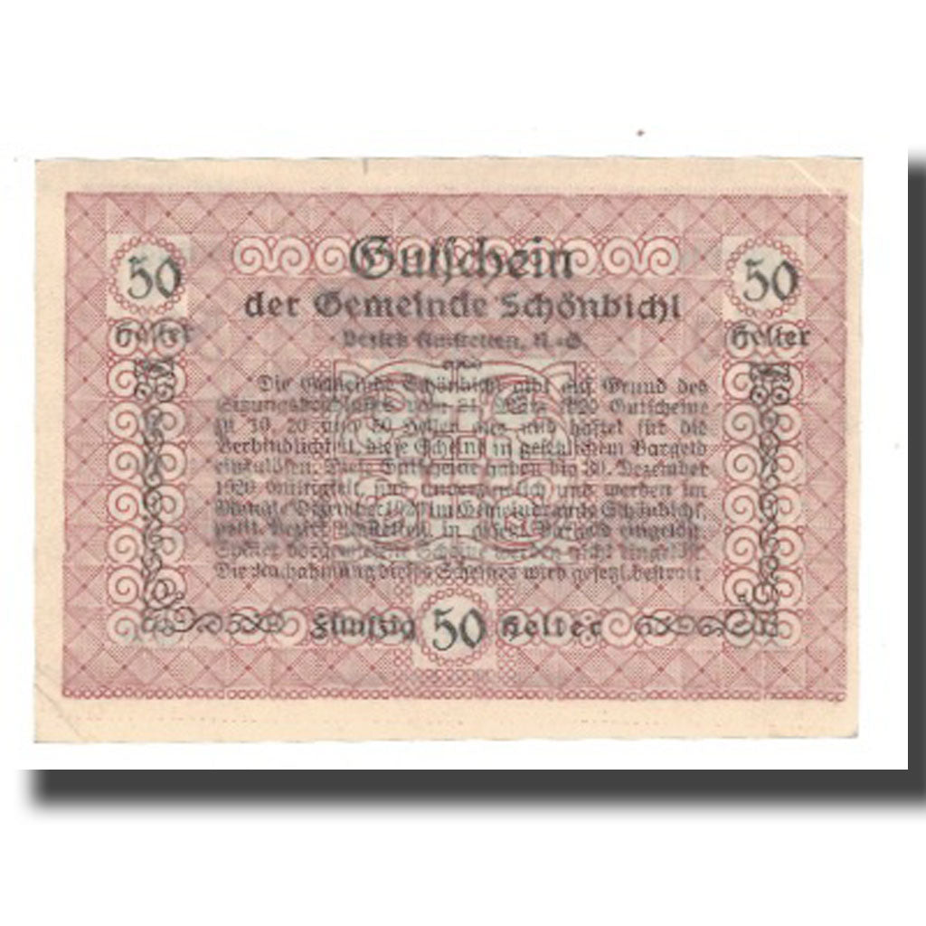 Nota, Áustria, Schönbichl N.Ö. Gemeinde, 50 Heller, texte 1, 1920