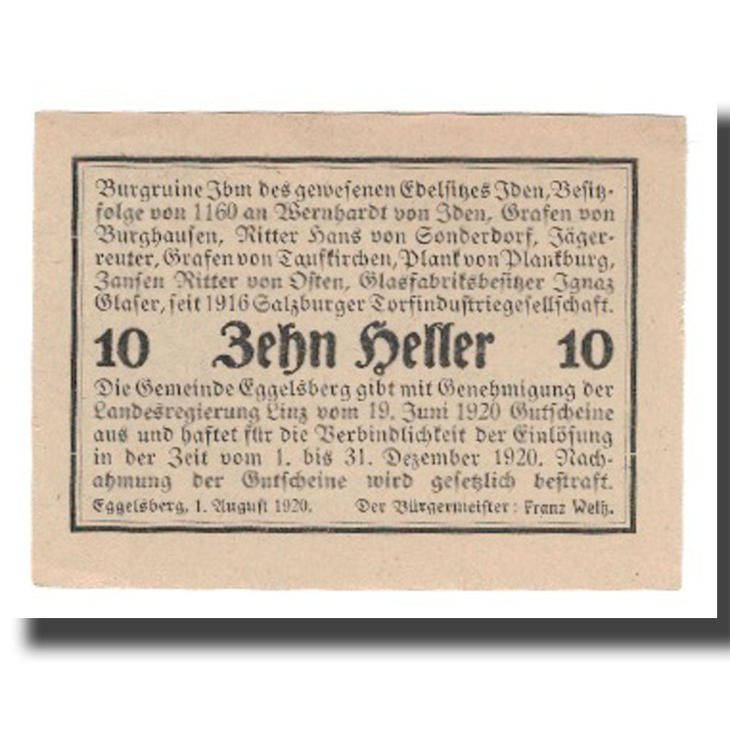 Banknote, Austria, Eggelsberg O.Ö. Gemeinde, 10 Heller, Texte, 1920