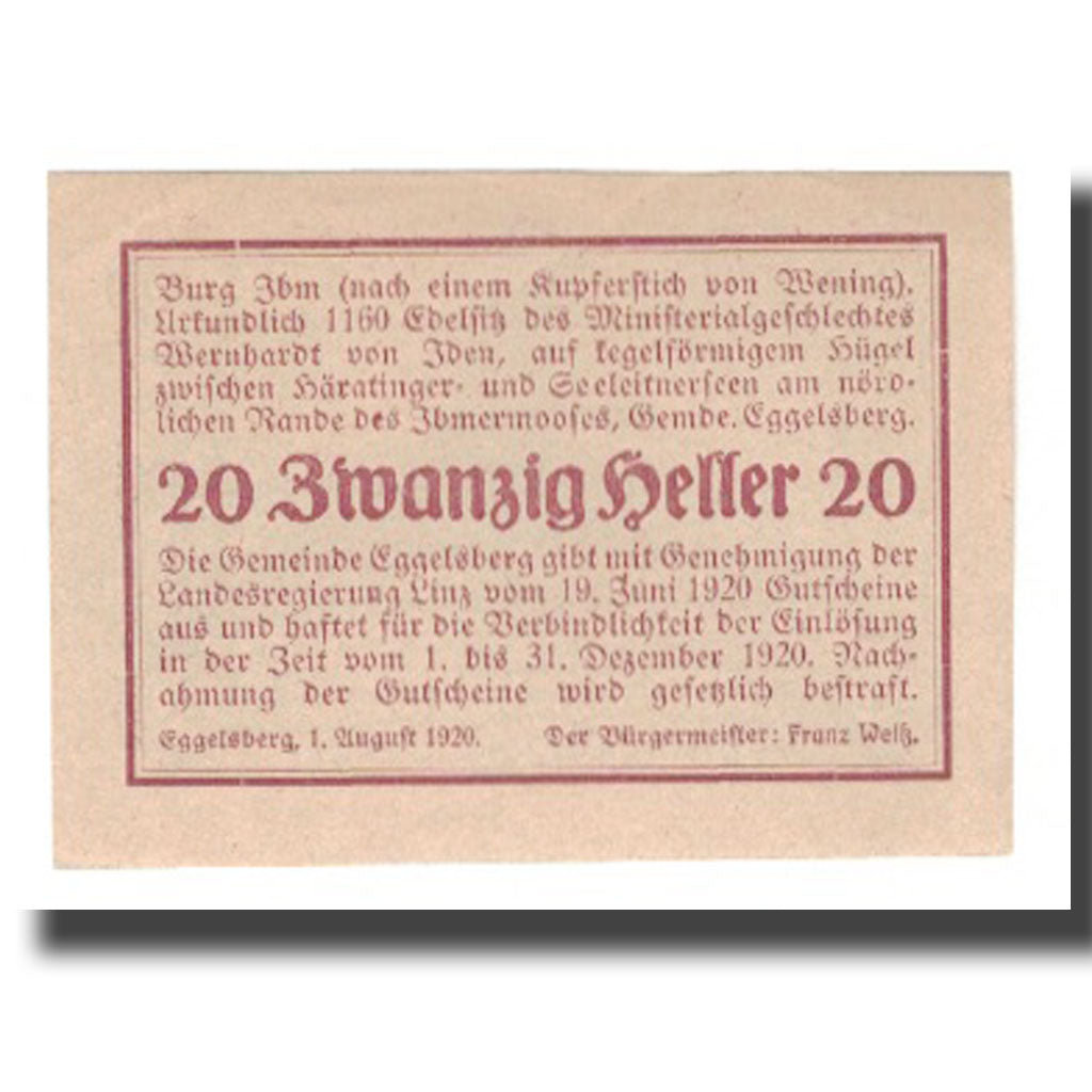 Banconote, Austria, Eggelsberg O.Ö. Gemeinde, 20 Heller, texte 1, 1920
