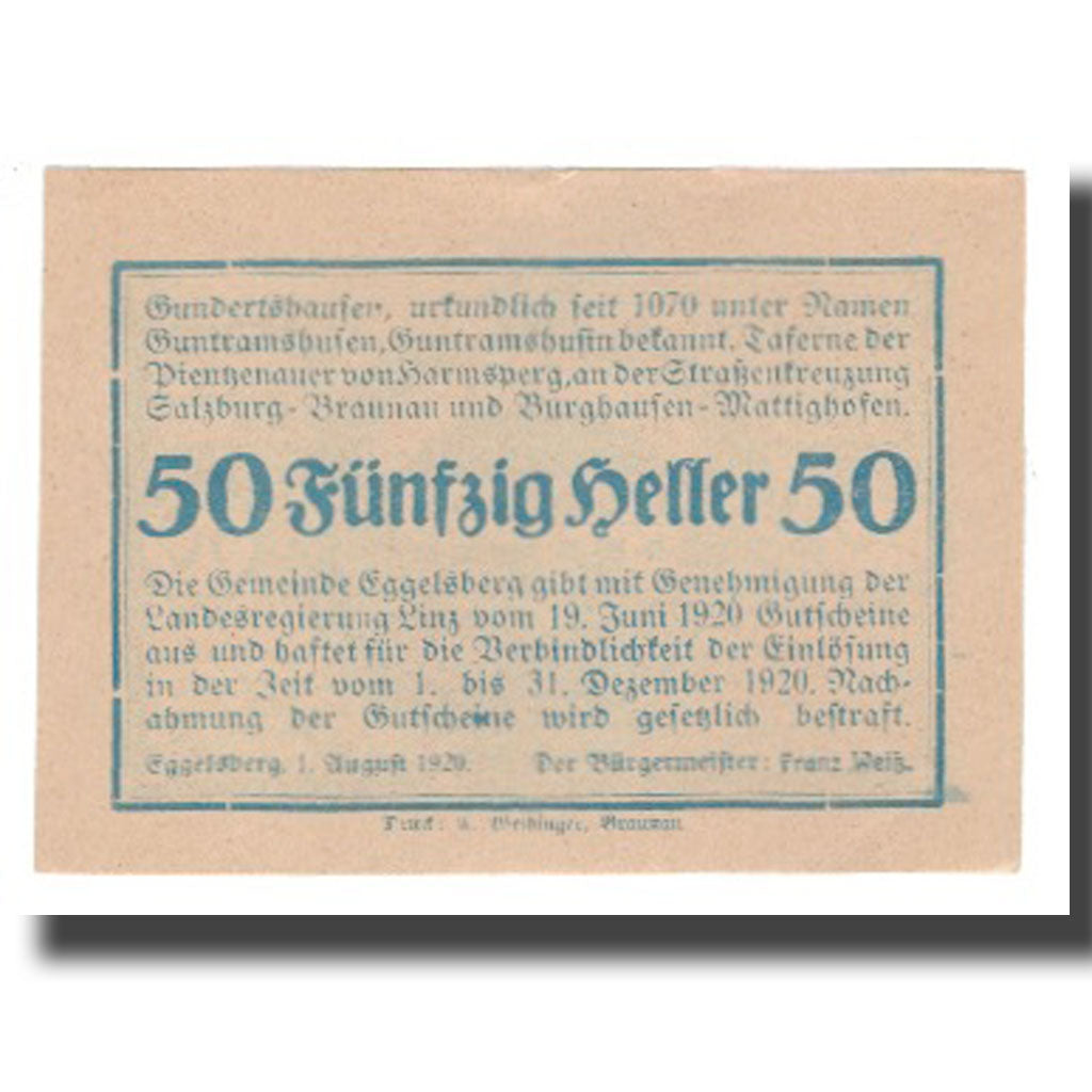 Banknote, Austria, Eggelsberg O.Ö. Gemeinde, 50 Heller, Texte 2, 1920