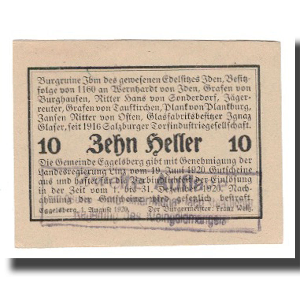 Banknote, Austria, Eggelsberg O.Ö. Gemeinde, 10 Heller, Texte 3, 1920