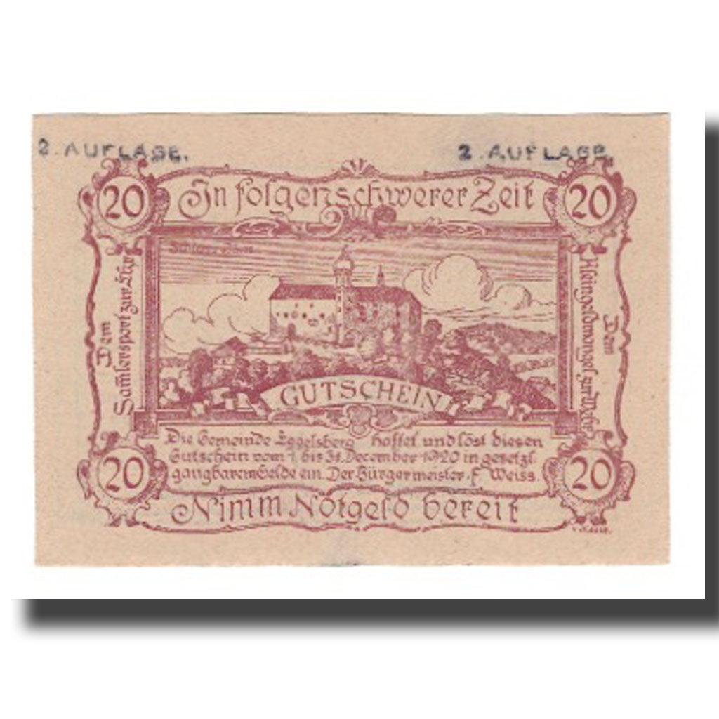 Billete, Austria, Eggelsberg O.Ö. Gemeinde, 20 Heller, Texte 4, 1920