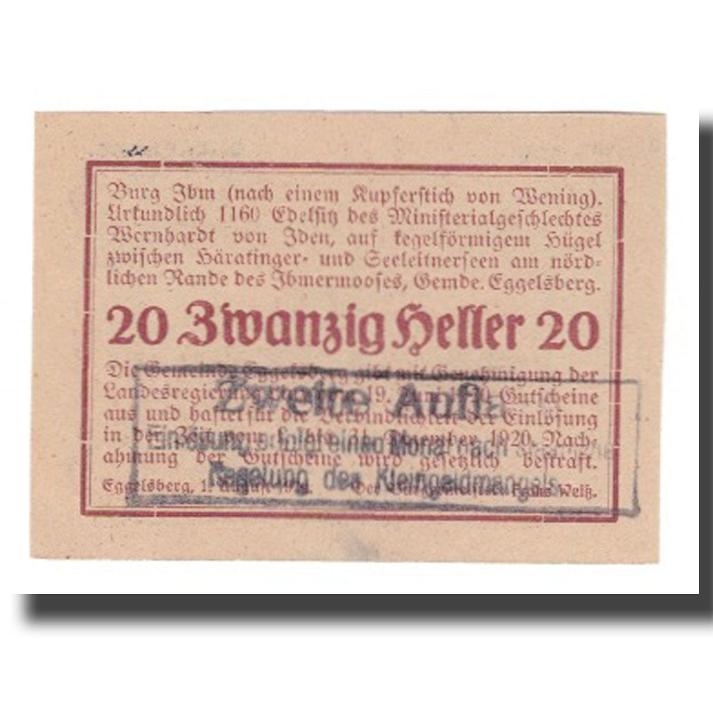 Billete, Austria, Eggelsberg O.Ö. Gemeinde, 20 Heller, Texte 4, 1920