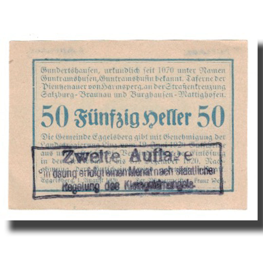 Banknote, Austria, Eggelsberg O.Ö. Gemeinde, 50 Heller, Texte  5, 1920