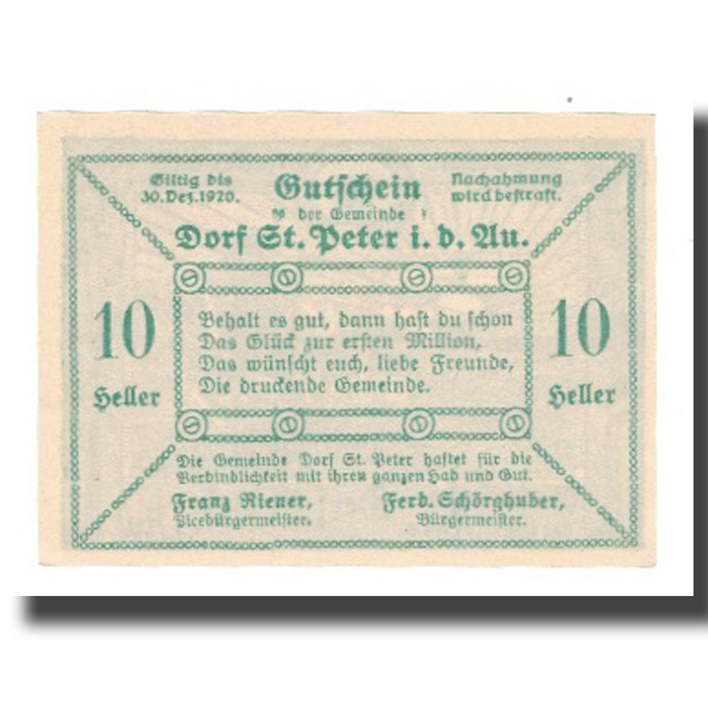 Banknote, Austria, St Peter in der Au, 10 Heller, Texte, 1920, 1920-12-30