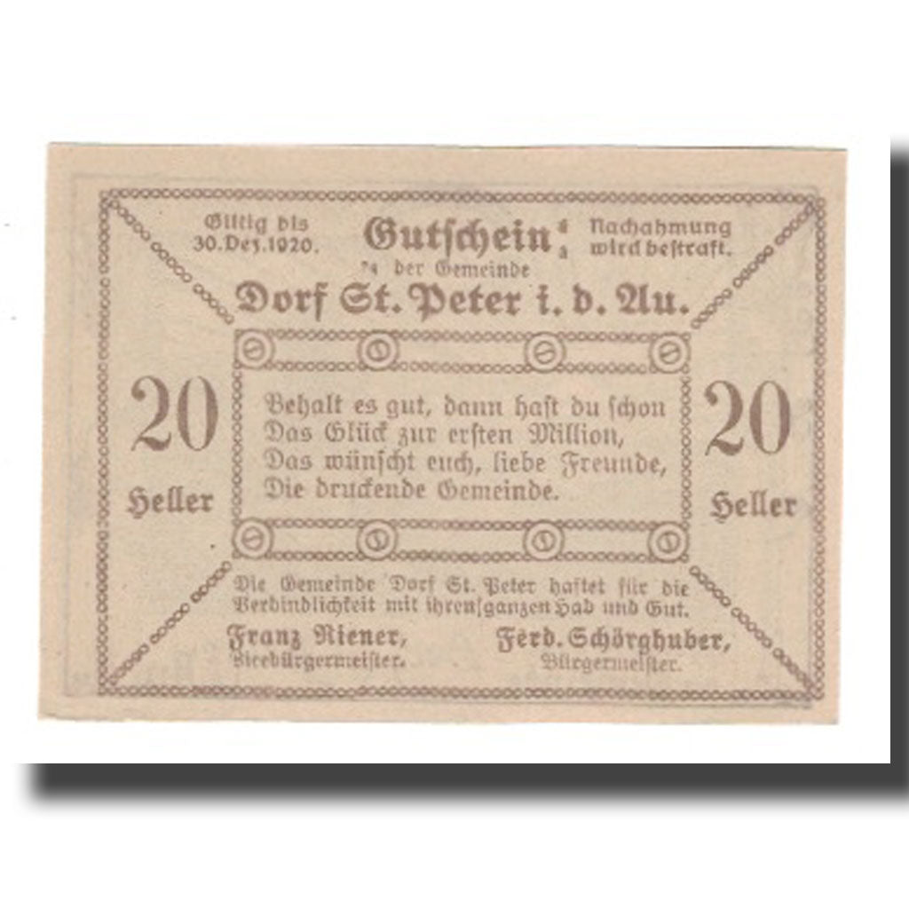 Nota, Áustria, St Peter in der Au, 20 Heller, texte 1, 1920, 1920-12-30