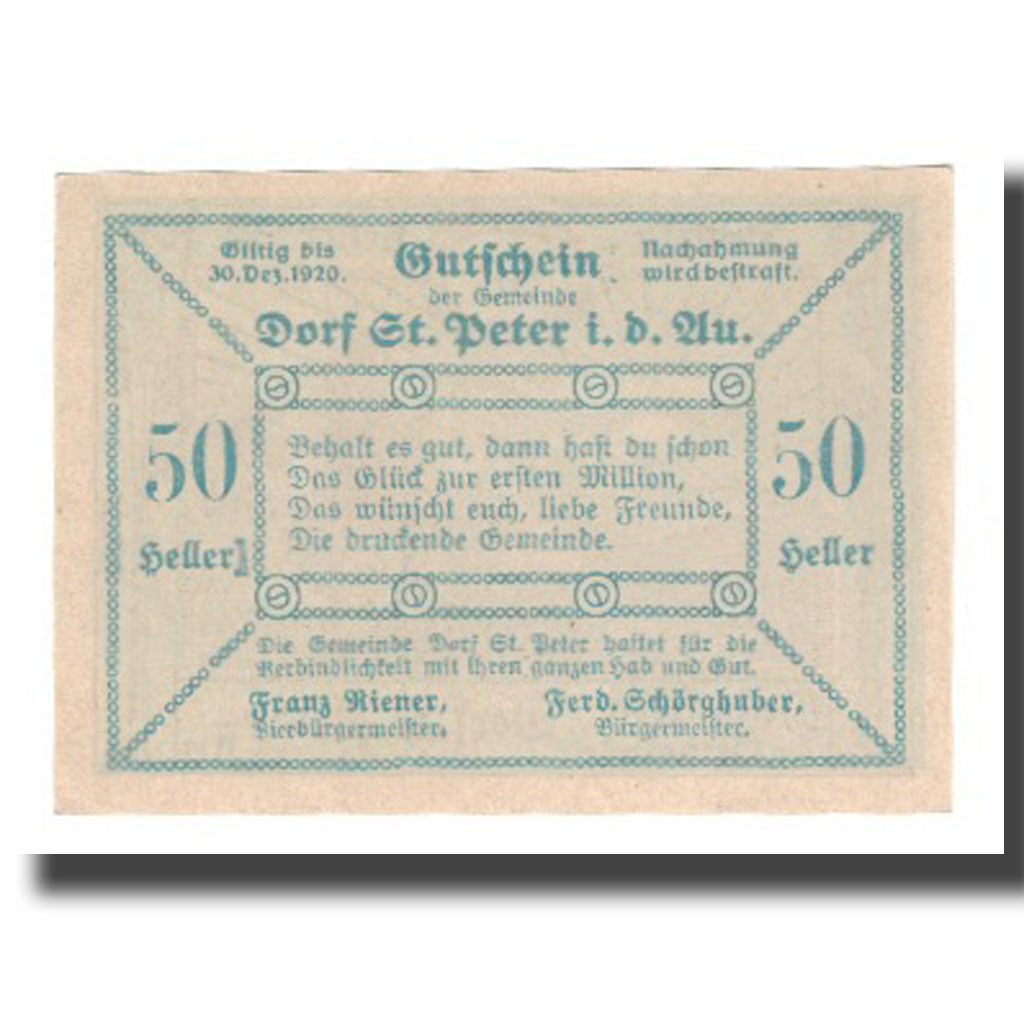 Billete, Austria, St Peter in der Au, 50 Heller, Texte 2, 1920, 1920-12-30, UNC
