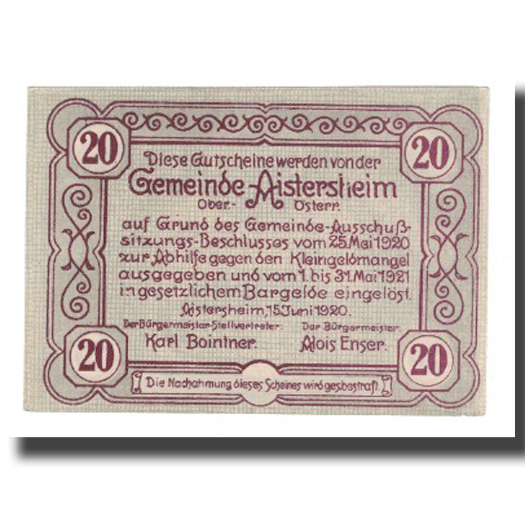 Banknote, Austria, Aistersheim, 20 Heller, Texte, 1921, 1921-05-31, UNC(65-70)