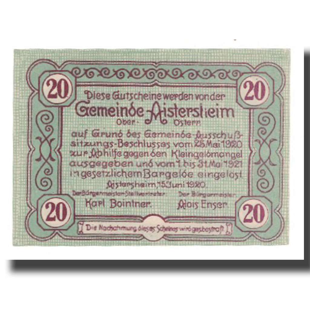Banknote, Austria, Aistersheim, 20 Heller, texte 1, 1921, 1921-05-31