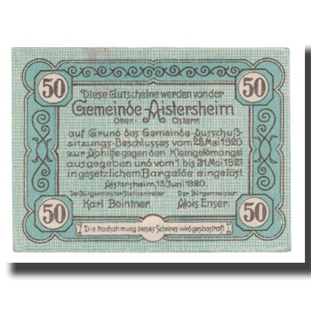 Banknote, Austria, Aistersheim, 50 Heller, Texte 2, 1921, 1921-05-31