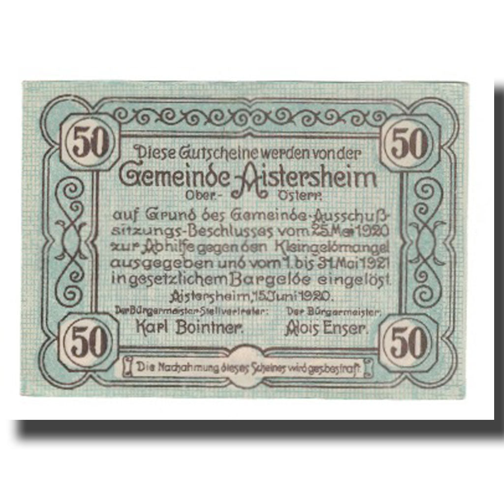 Nota, Áustria, Aistersheim, 50 Heller, Texte 3, 1921, 1921-05-31, UNC(65-70)