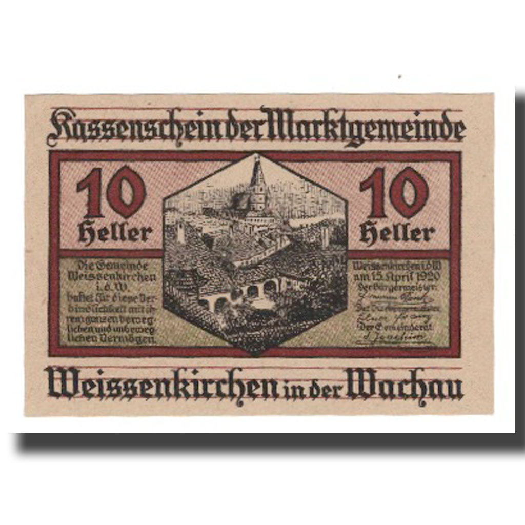 Banknote, Austria, Weissenkircher in der Wachau, 10 Heller, Texte, 1920