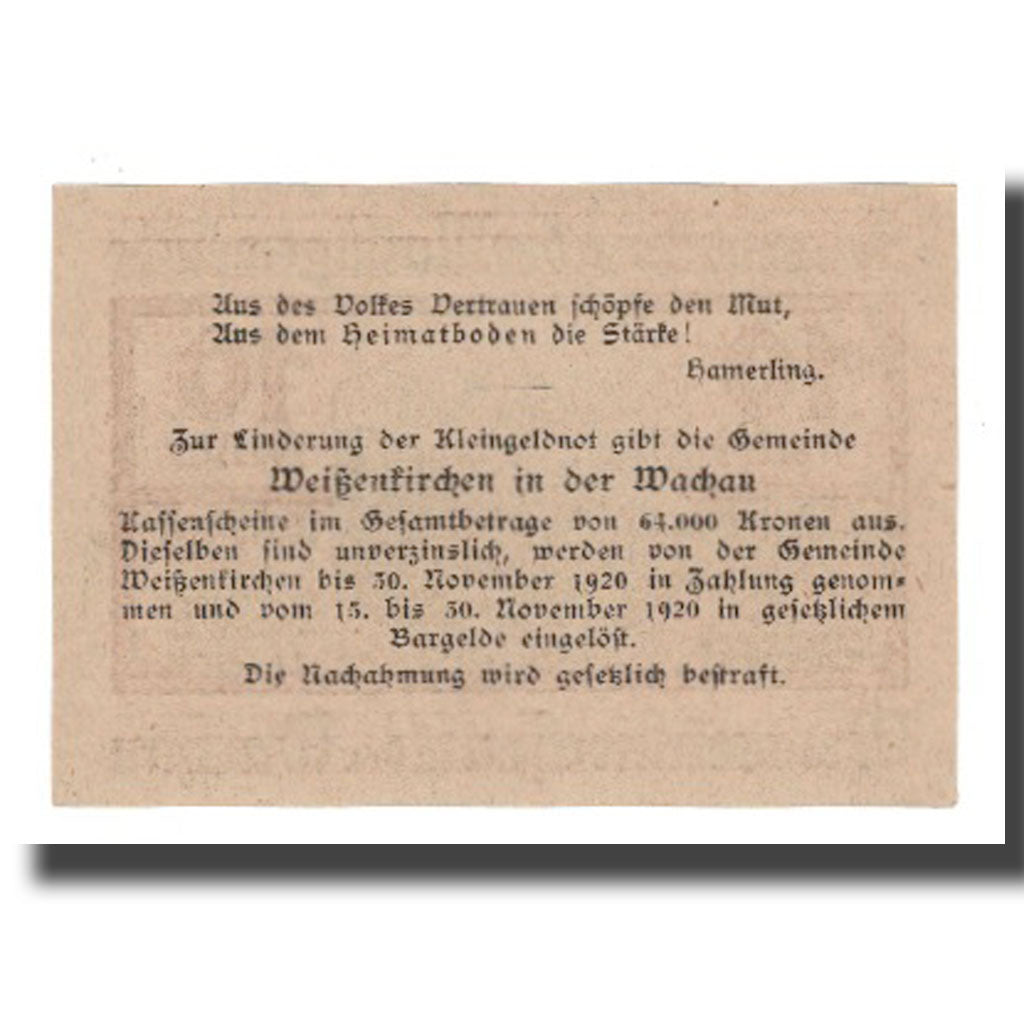Banknote, Austria, Weissenkircher in der Wachau, 10 Heller, Texte, 1920