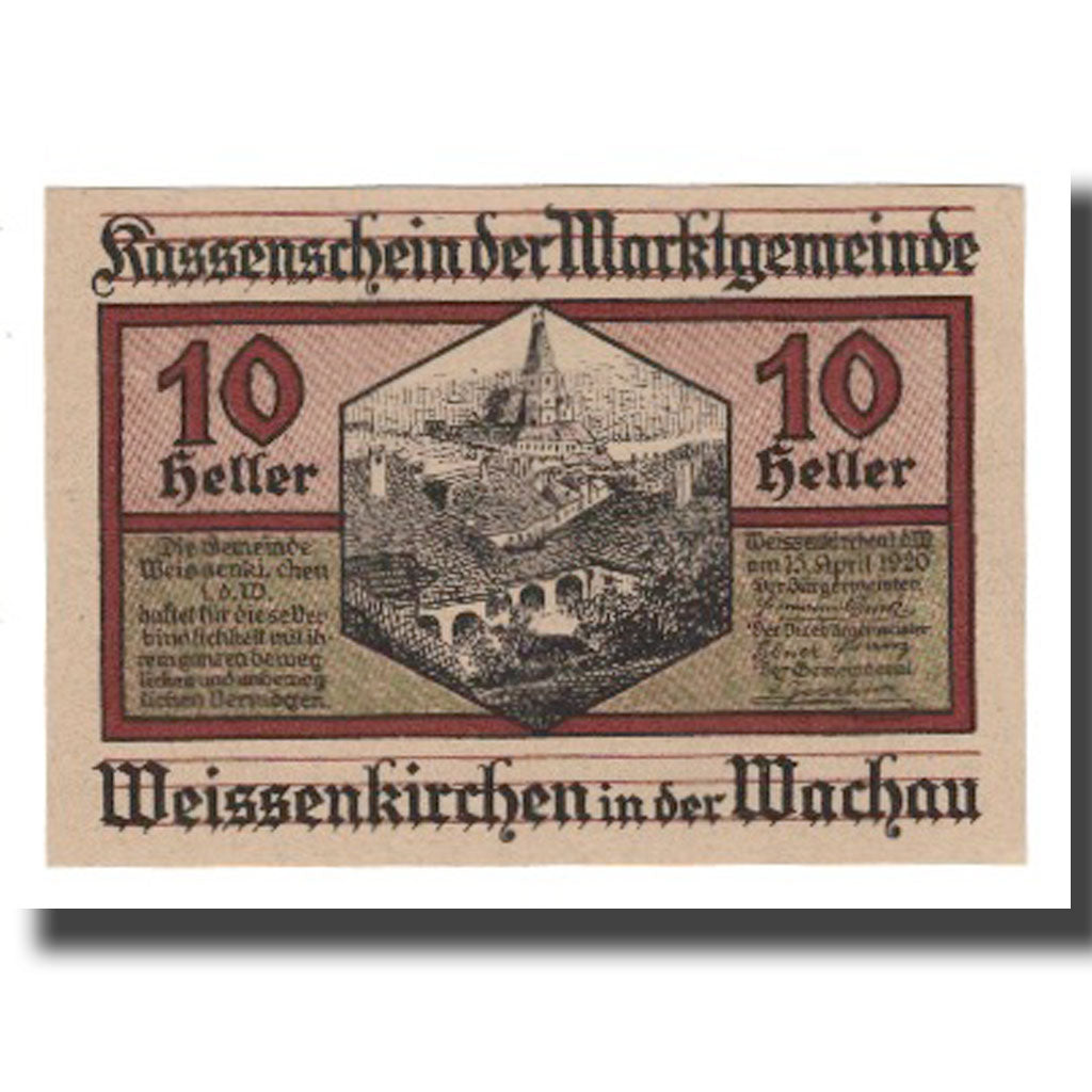 Geldschein, Österreich, Weissenkircher in der Wachau, 10 Heller, texte 1, 1920