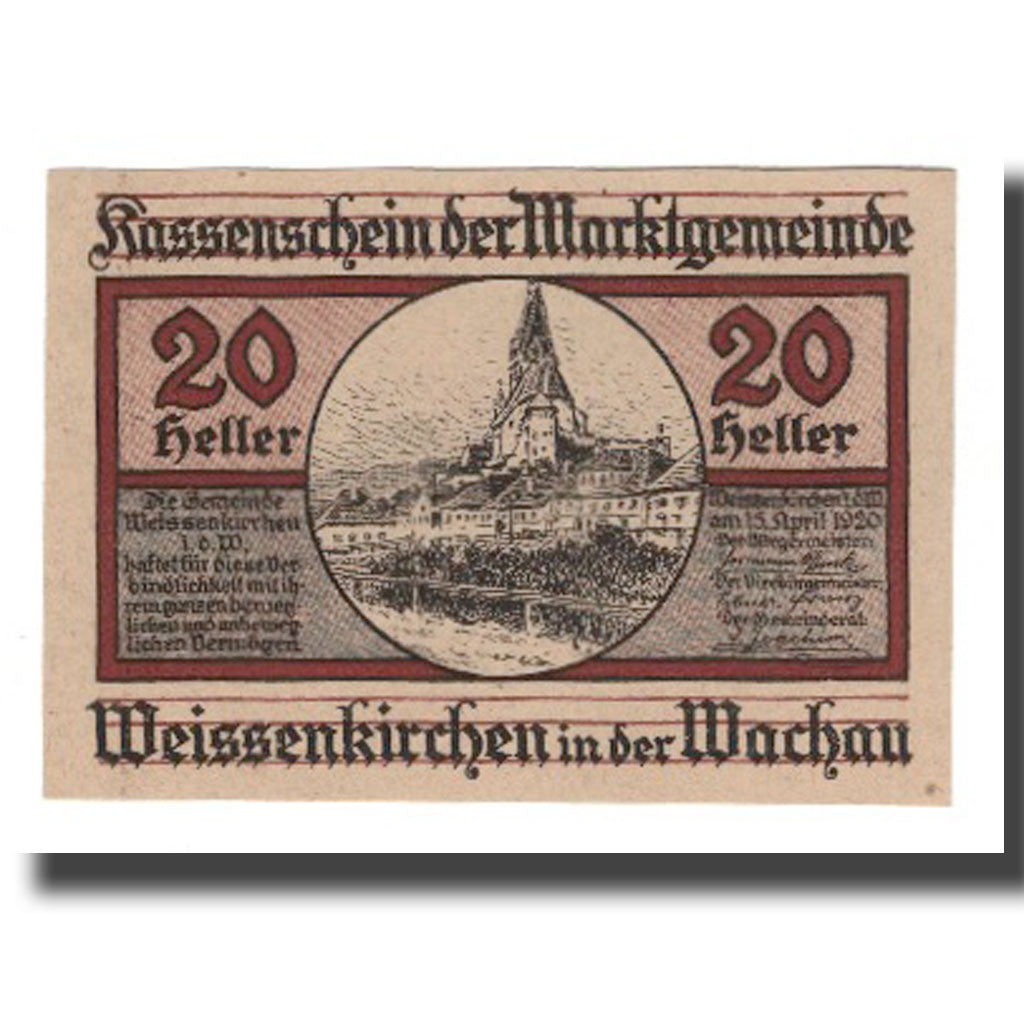 Nota, Áustria, Weissenkircher in der Wachau, 20 Heller, Texte 2, 1920