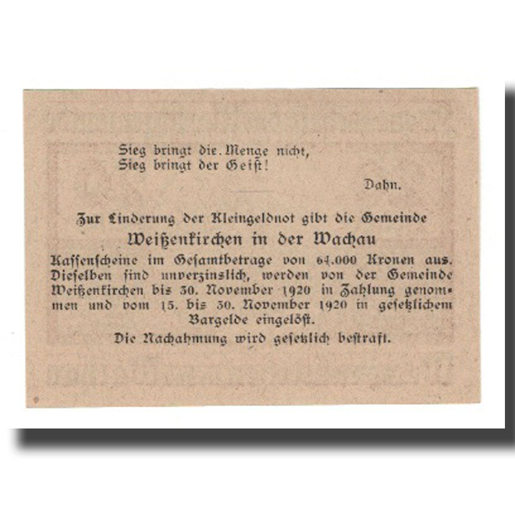 Nota, Áustria, Weissenkircher in der Wachau, 20 Heller, Texte 2, 1920