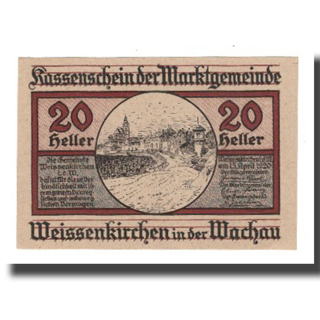 Nota, Áustria, Weissenkircher in der Wachau, 20 Heller, Texte 3, 1920