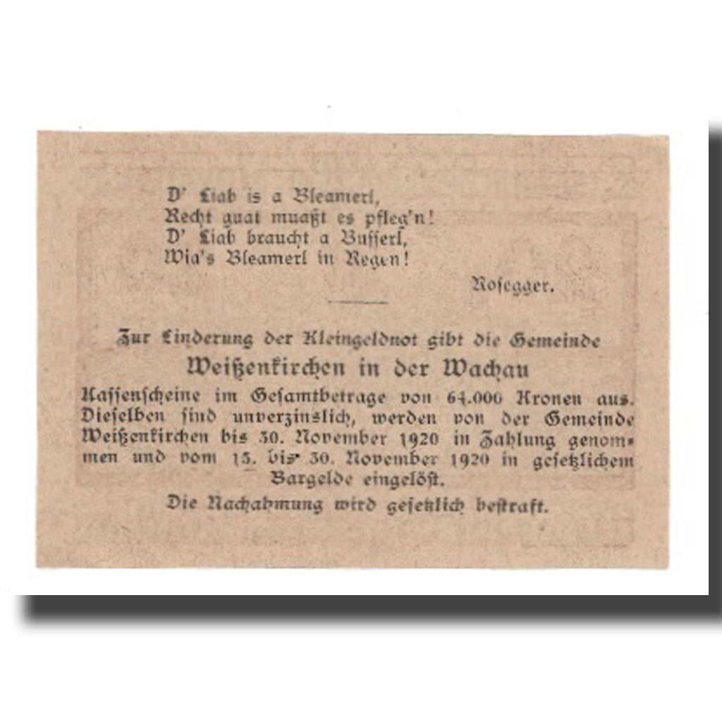 Nota, Áustria, Weissenkircher in der Wachau, 20 Heller, Texte 3, 1920