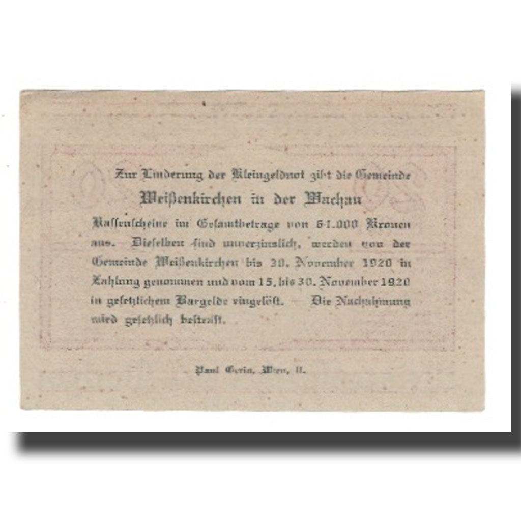 Banknote, Austria, Weissenkircher in der Wachau, 20 Heller, Texte 4, 1920